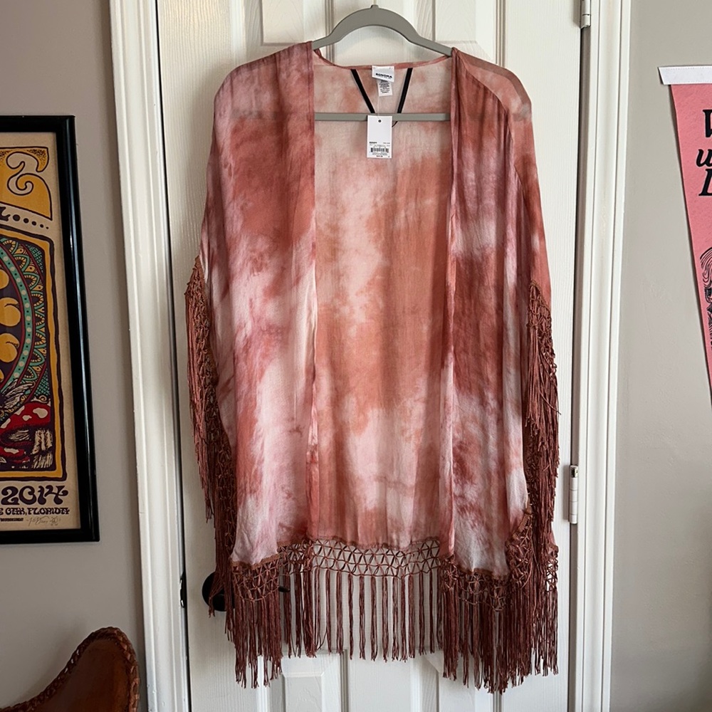 Sheer Pink Tie Dye Kimono with Fringe